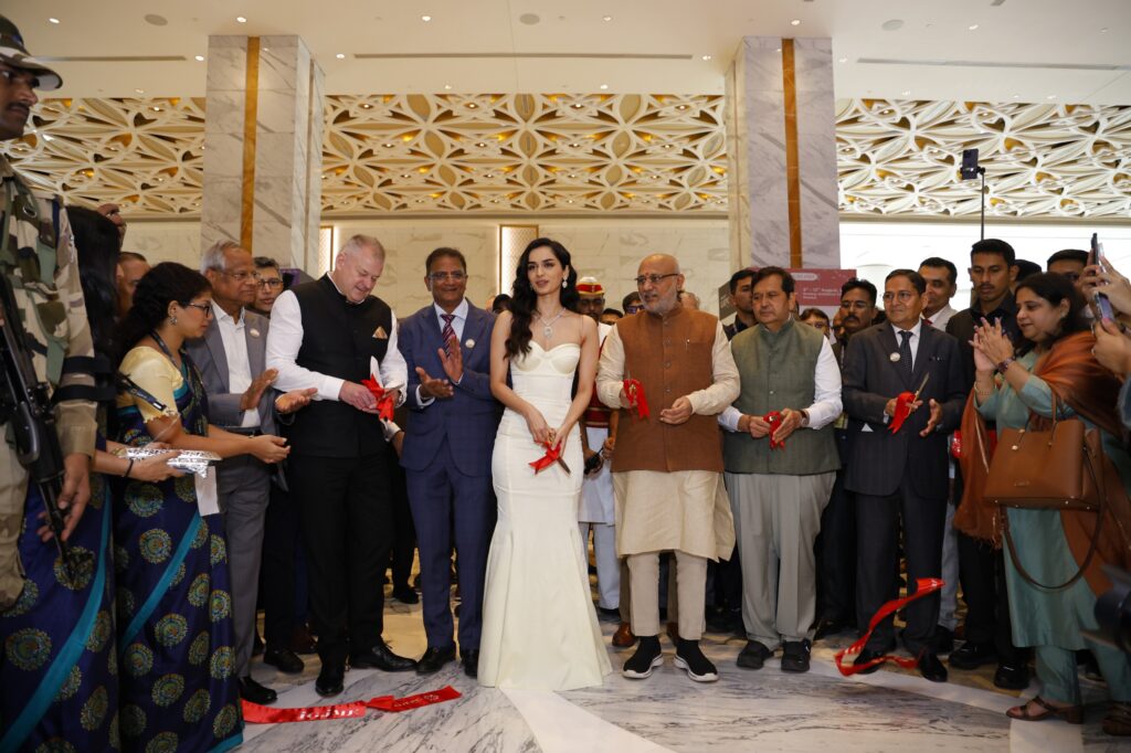 Left to Right - Mr. Paul Rowley, Executive Vice President, Diamond Trading, De Beers Group; Shri Vipul Shah, Chairman, GJEPC; GJEPC’s brand ambassador Manushi Chhillar; Shri C. P. Radhakrishnan, Hon. Governor of Maharashtra; Shri Mangal Prabhat Lodha, Hon. Minister of Skill Development and Entrepreneurship, Govt. of Maharashtra; and Shri Kirit Bhansali, Vice Chairman, GJEPC; at the India International Jewellery Show (IIJS) Premiere 2024 organised by India’s apex trade body, The Gem & Jewellery Export Promotion Council (GJEPC) at the JIO World Convention Centre in Bandra Kurla Complex, Mumbai.