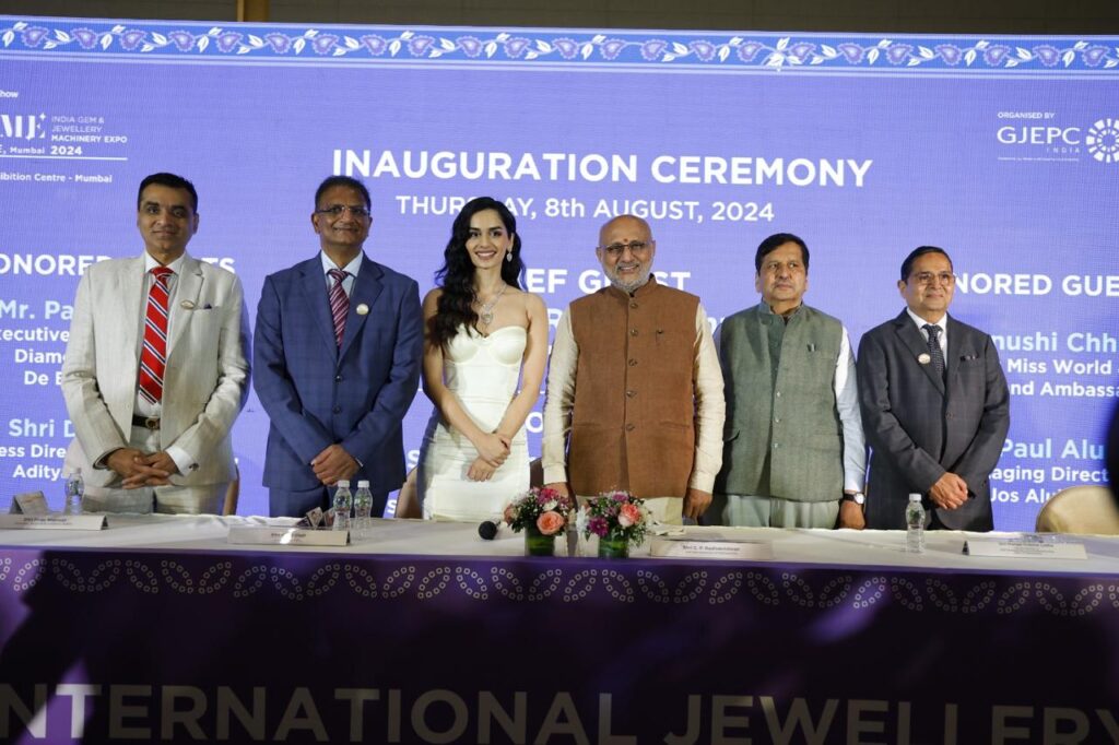 L to R Shri Nirav Bhansali, Convener-National Exhibitions, GJEPC; Shri Vipul Shah, Chairman, GJEPC; Manushi Chhillar, brand ambassador, GJEPC; Shri C. P. Radhakrishnan, Hon. Governor of Maharashtra; Shri Mangal Prabhat Lodha, Hon. Minister of Skill Development and Entrepreneurship, Govt. of Maharashtra; and Shri Kirit Bhansali, Vice Chairman, GJEPC; at the India International Jewellery Show (IIJS) Premiere 2024 organised by India’s apex trade body, The Gem & Jewellery Export Promotion Council (GJEPC) at the JIO World Convention Centre in Bandra Kurla Complex, Mumbai.