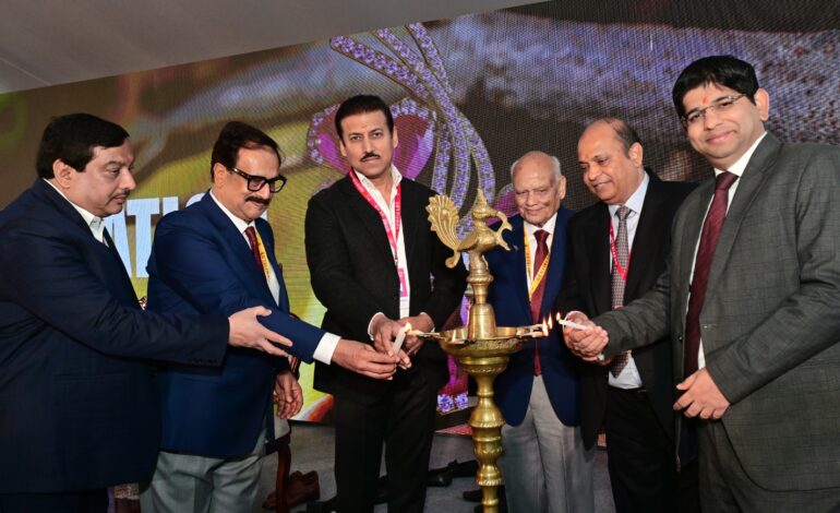 Lamp lighting ceremony at the inauguration of JJS 2024 (L to R): Nirmal Bardiya, Rajiv Jain, Rajyavardhan Singh Rathore, Vimal Chand Surana, Pramod Derewala, Saiyam Mehra