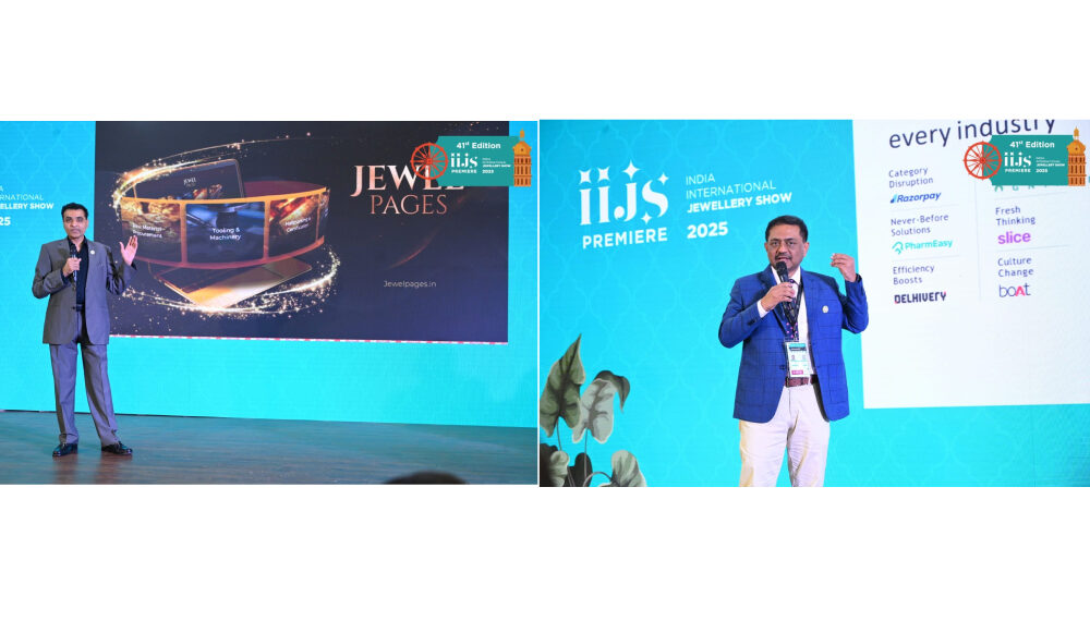 Nirav Bhansali, Convener, National Exhibitions, GJEPC and Sabyasachi Ray, Executive Director, GJEPC announcing the initiatives during the IIJS Premiere 2025 show.