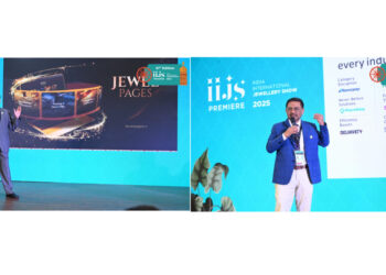 Nirav Bhansali, Convener, National Exhibitions, GJEPC and Sabyasachi Ray, Executive Director, GJEPC announcing the initiatives during the IIJS Premiere 2025 show.