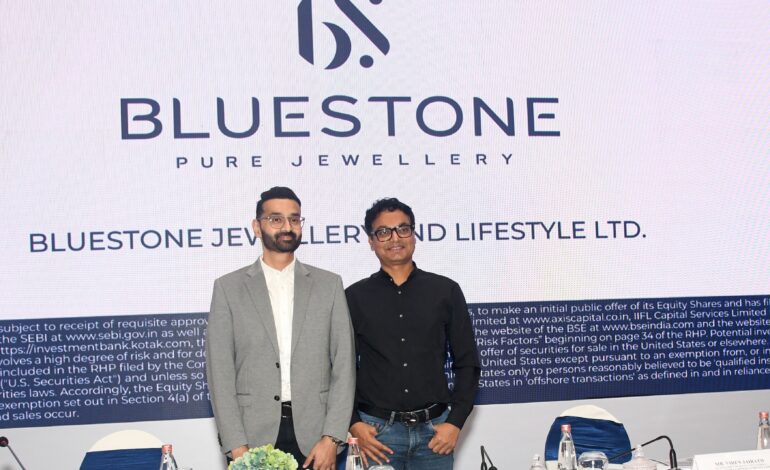 Mr. Rumit Dugar, CFO & Mr. Gaurav Singh Kushwaha, CMD and CEO of BlueStone Jewellery and Lifestyle Limited at their IPO Price Band announcement, Mumbai