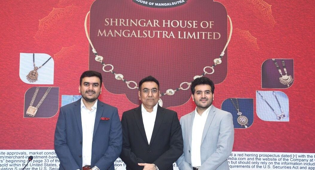 L to R - Mr. Mr. Balraj C Thadeshwar, Director & COO, Mr. Chetan N Thadeshwar, CMD & Mr. Viraj C Thadeshwar, Exe Director & CEO , Shringar House of Mangalsutra Limited at their IPO Price Band announcement, Mumbai