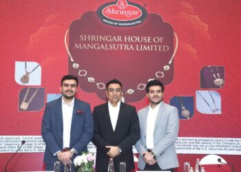 L to R - Mr. Mr. Balraj C Thadeshwar, Director & COO, Mr. Chetan N Thadeshwar, CMD & Mr. Viraj C Thadeshwar, Exe Director & CEO , Shringar House of Mangalsutra Limited at their IPO Price Band announcement, Mumbai