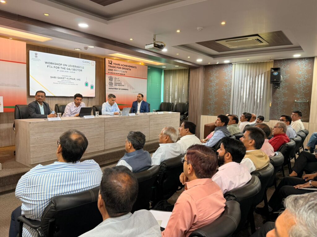 Department of Commerce and GJEPC outreach programme in Jaipur highlighting FTA opportunities for India's gems and jewellery export sector.
