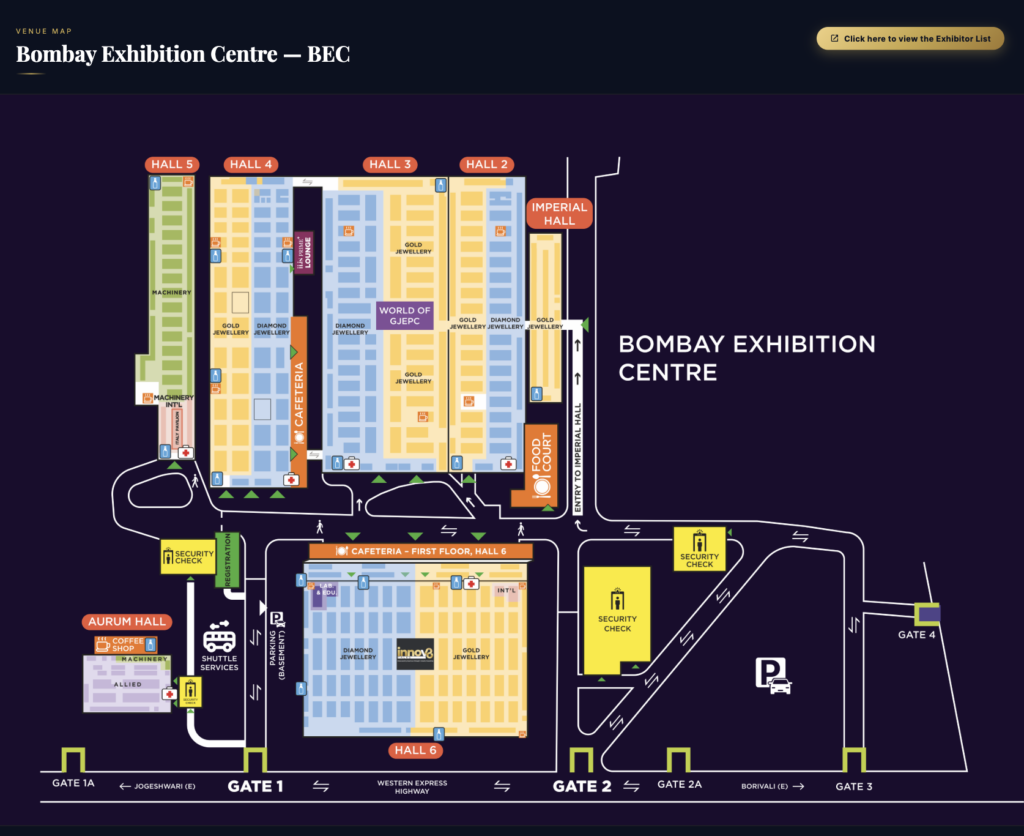 IIJS Bharat Premiere 2026 Bombay Exhibition Centre (BEC) venue map showing Imperial Hall, Aurum Hall, Halls 2, 3, 4, 5 & 6, exhibitor areas, food court, security checkpoints and visitor entrances.