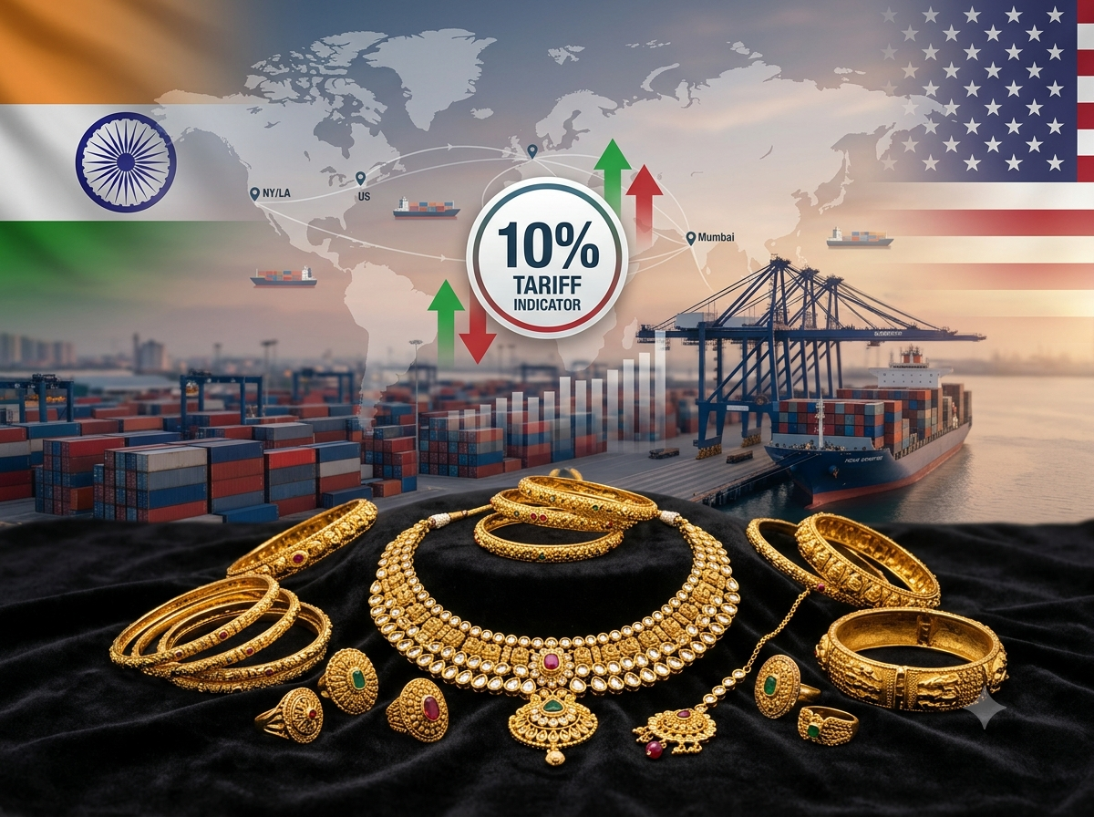 Indian gold jewellery with India and U.S. flags illustrating GJEPC's response to the 10% U.S. tariff on Indian gem and jewellery exports.