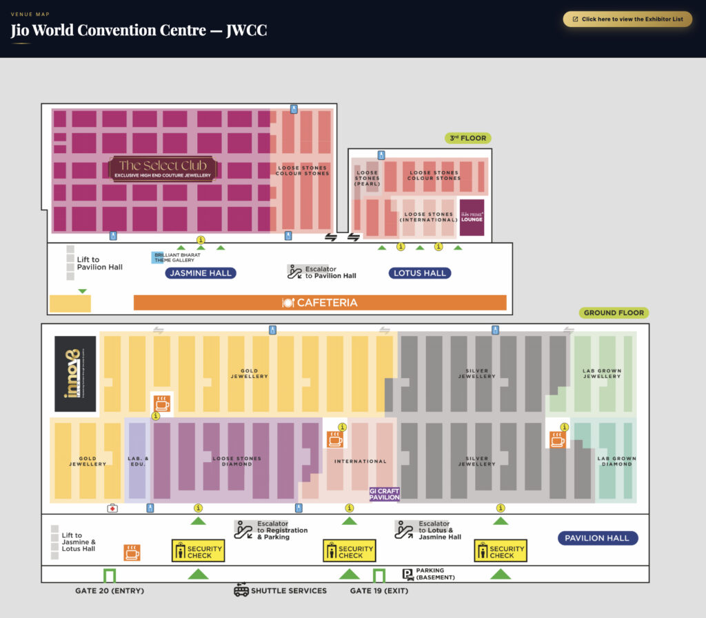 IIJS Bharat Premiere 2026 Jio World Convention Centre (JWCC) venue map showing Pavilion Hall, Jasmine Hall, Lotus Hall, Select Club, gemstones, jewellery sections, security checkpoints and visitor facilities.