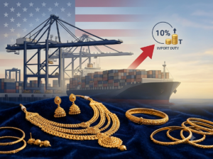 Indian gold jewellery displayed alongside the U.S. flag, illustrating the 10% tariff on Indian imports and its impact on gem and jewellery exports.