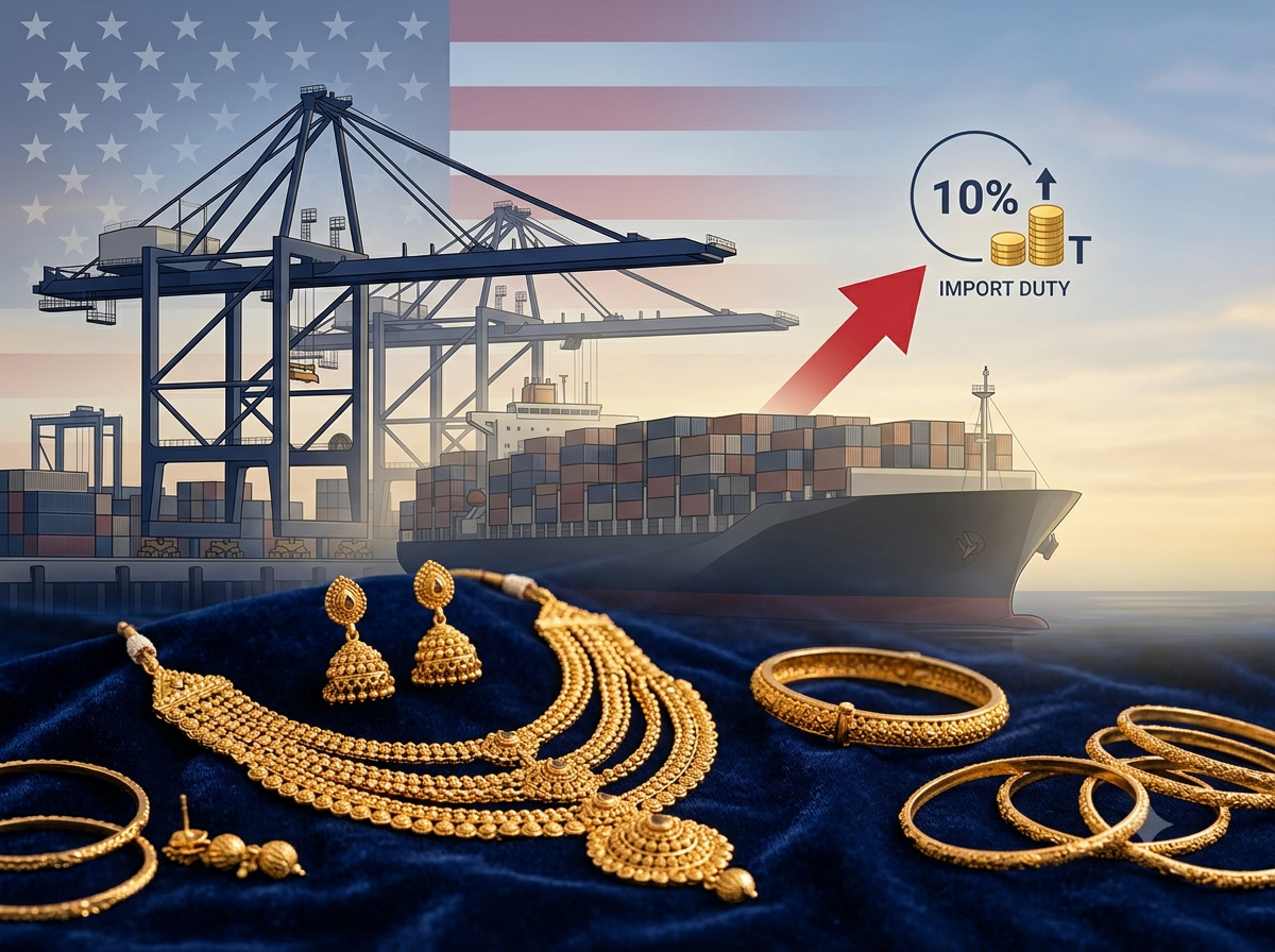 Indian gold jewellery displayed alongside the U.S. flag, illustrating the 10% tariff on Indian imports and its impact on gem and jewellery exports.