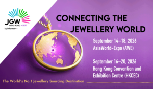 Visitors and exhibitors at Jewellery & Gem World Hong Kong 2026 trade show.
