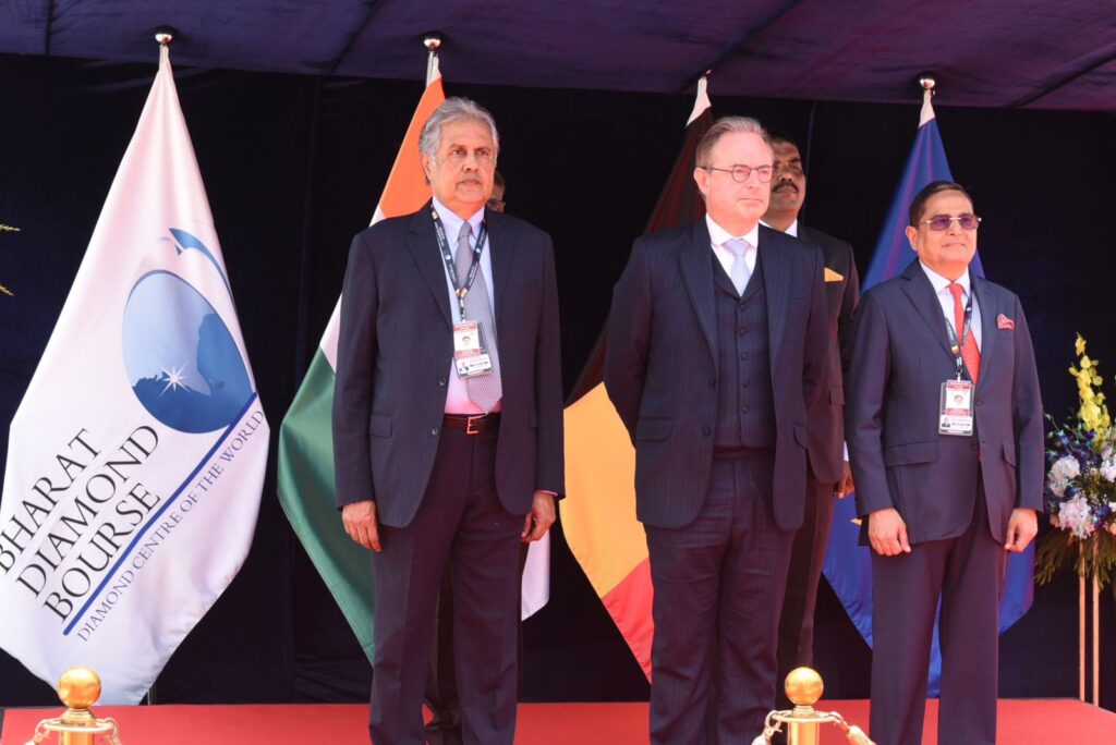 Belgian PM Bart De Wever with BDB officials on stage at Bharat Diamond Bourse
