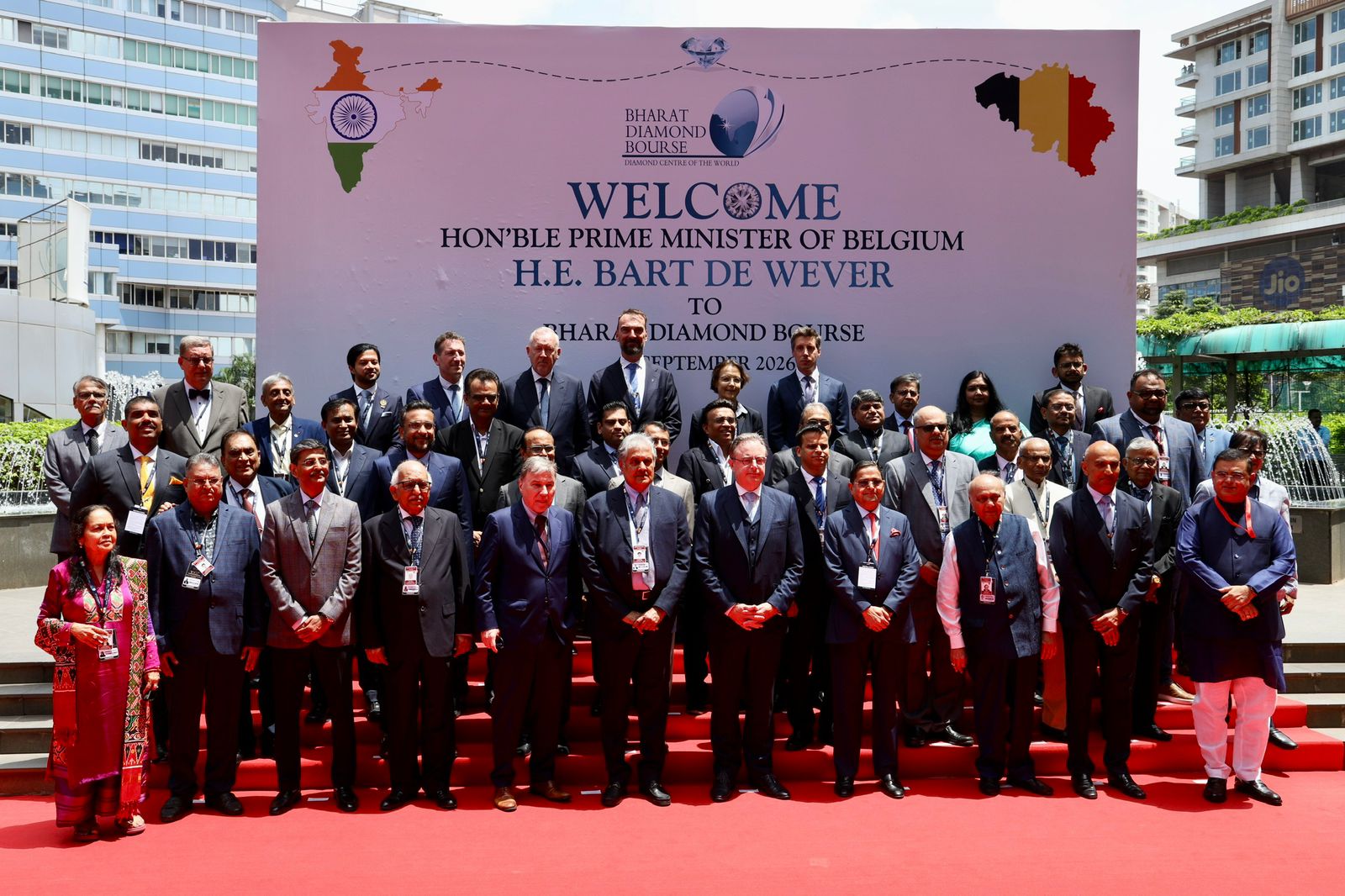 Group photo of Belgian PM Bart De Wever with BDB and GJEPC leaders at Bharat Diamond Bourse