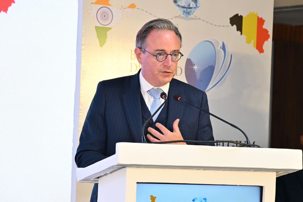 Belgian Prime Minister Bart De Wever addressing the diamond industry at Bharat Diamond Bourse