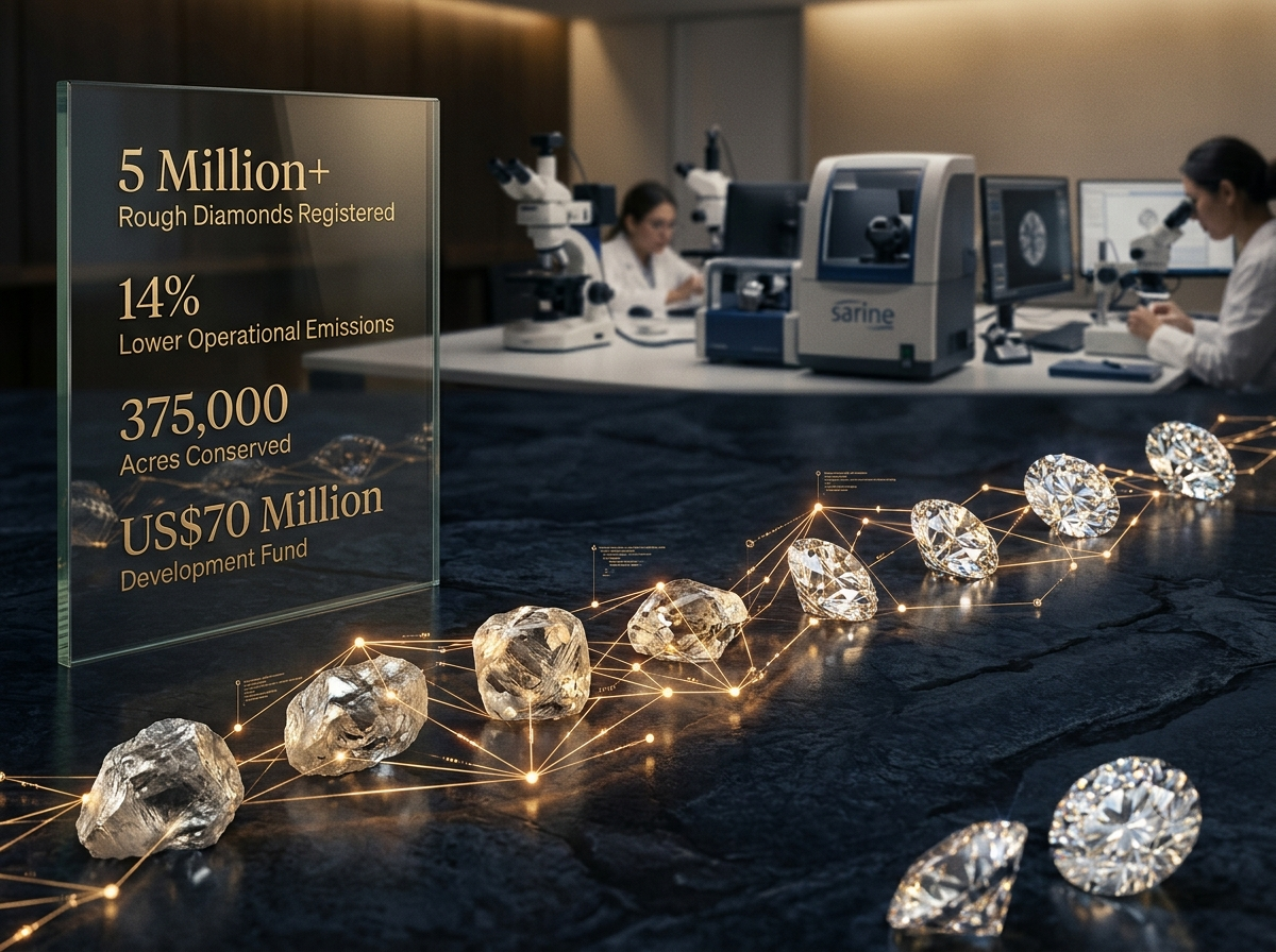 Natural rough and polished diamonds connected through a digital traceability network representing sustainable sourcing.
