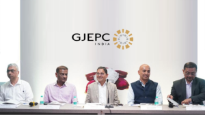 GJEPC 60th Annual General Meeting infographic highlighting FY2025-26 exports of US$27.72 billion and industry priorities
